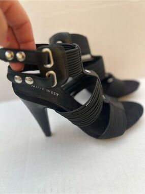 Nine West black multi strap stiletto heeled sandal. Size 7